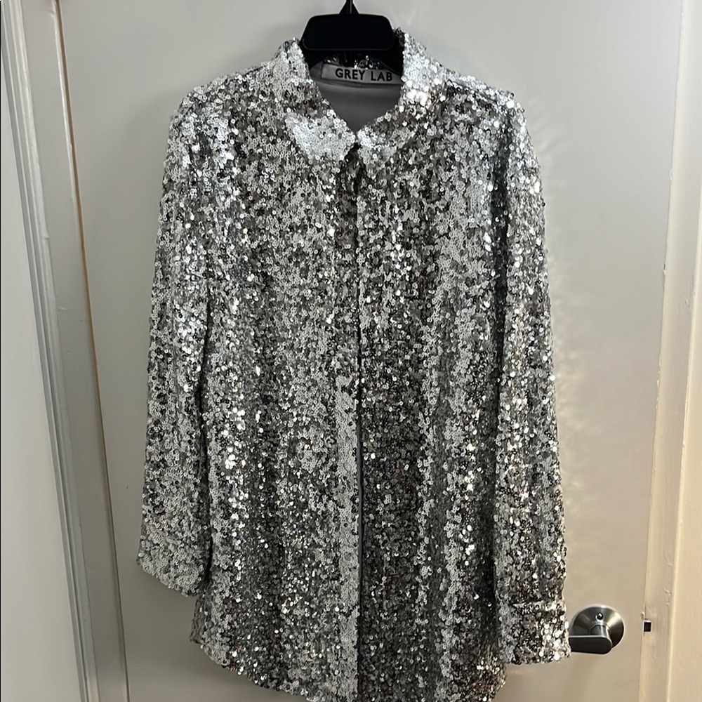 Silver Sequin Shirt Mini Dress Size L